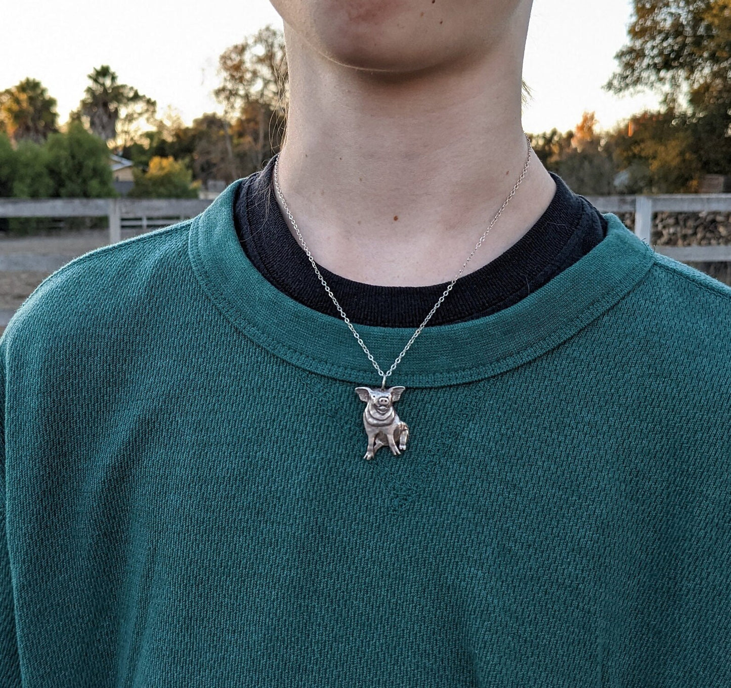 Hand Carved Sterling Silver Sitting Pig Necklace