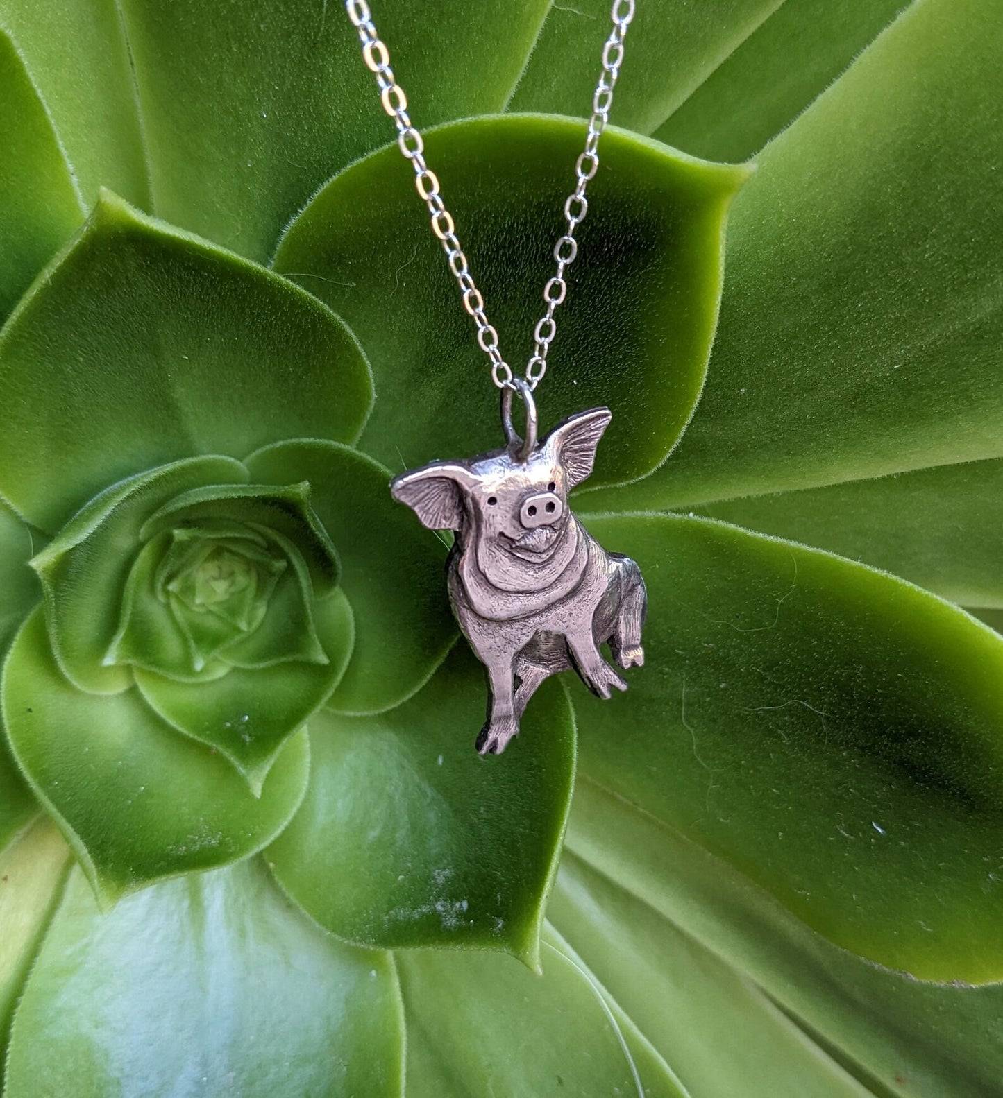 Hand Carved Sterling Silver Sitting Pig Necklace