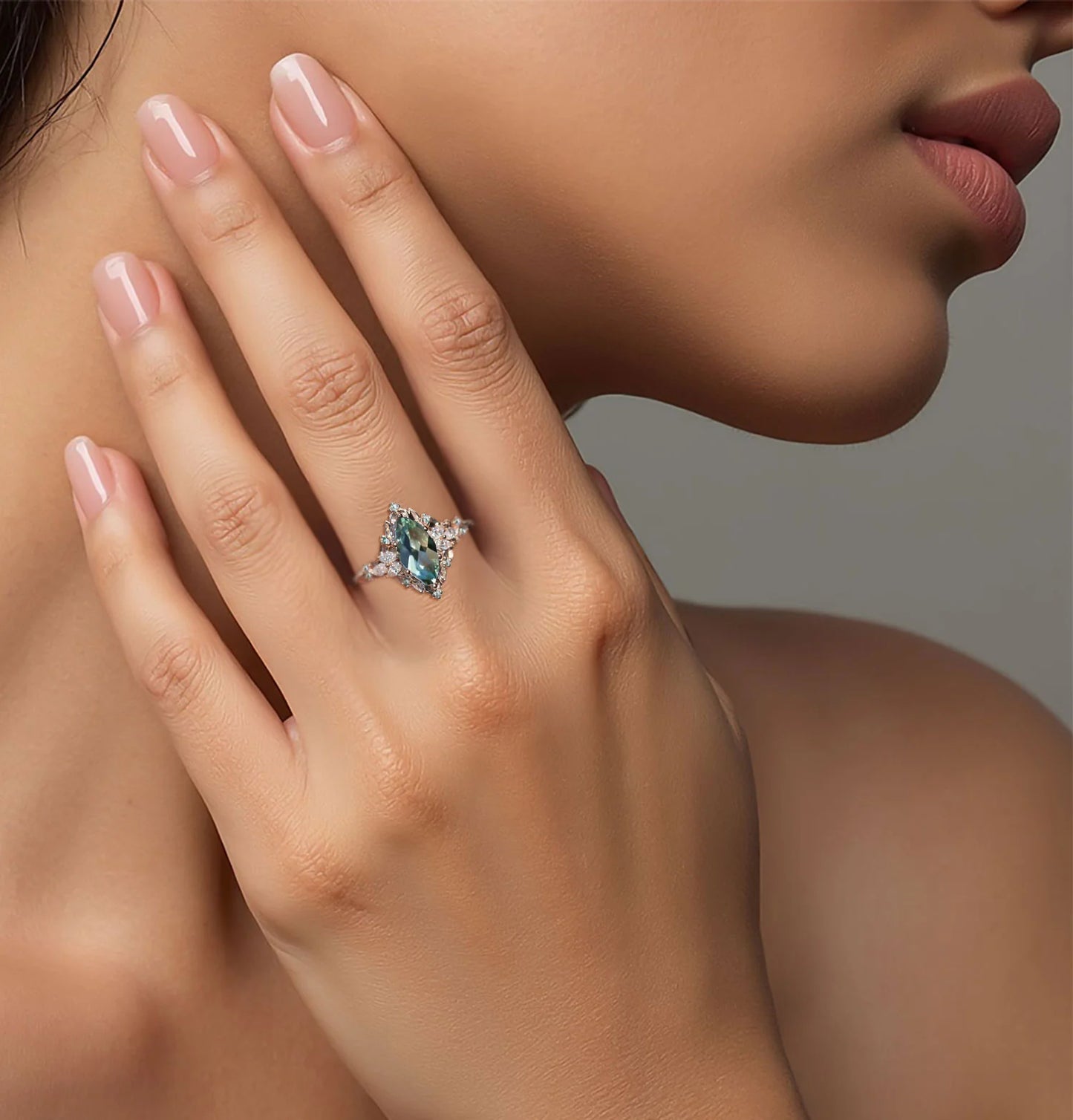 Unique floral engagement rings Briar Rose Starlight Marquise Green Lab Sapphire Ring
