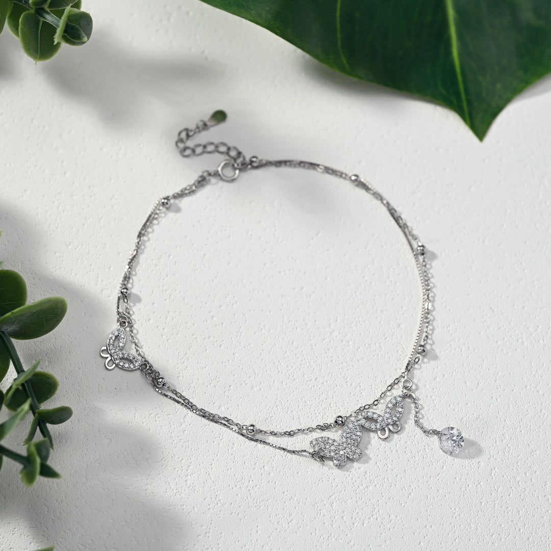 Sterling Silver Multi Layer Butterfly Anklet