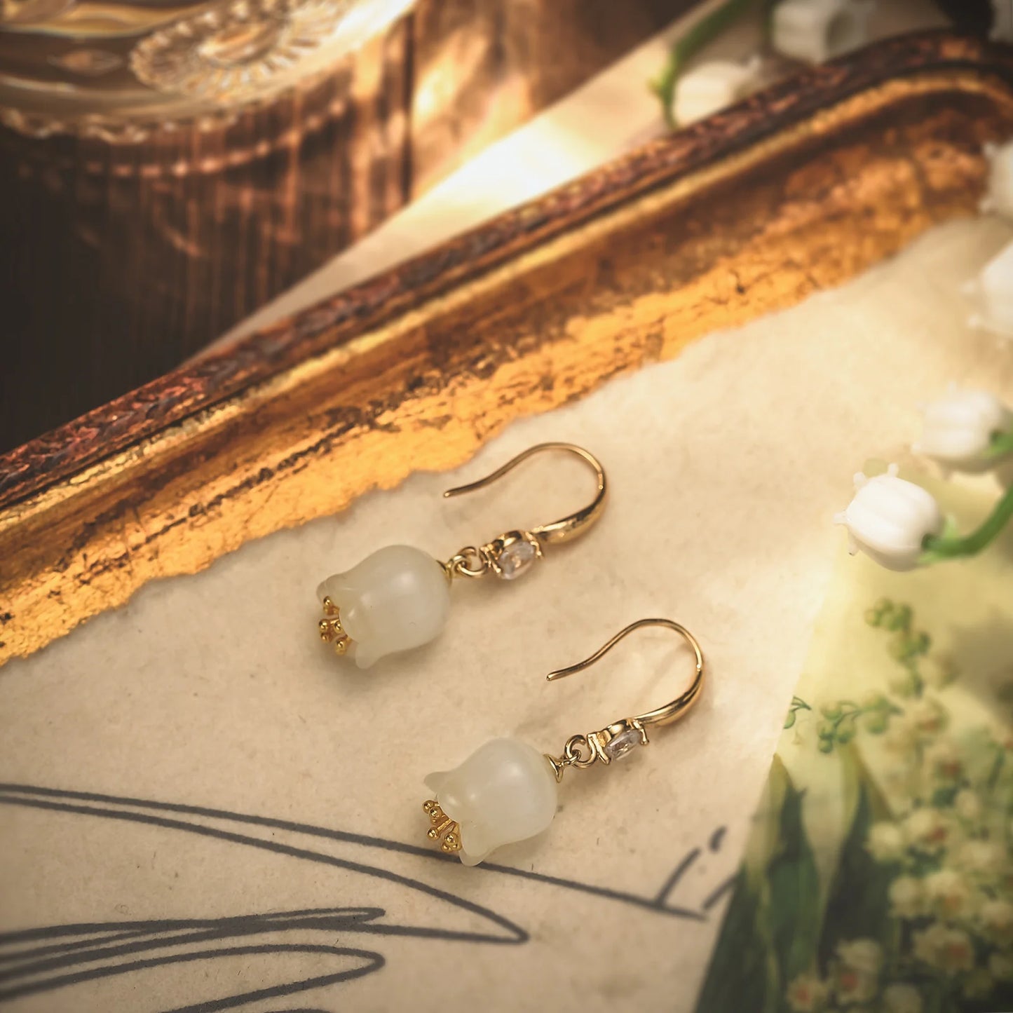 Lily Of The Valley White Jade Earrings