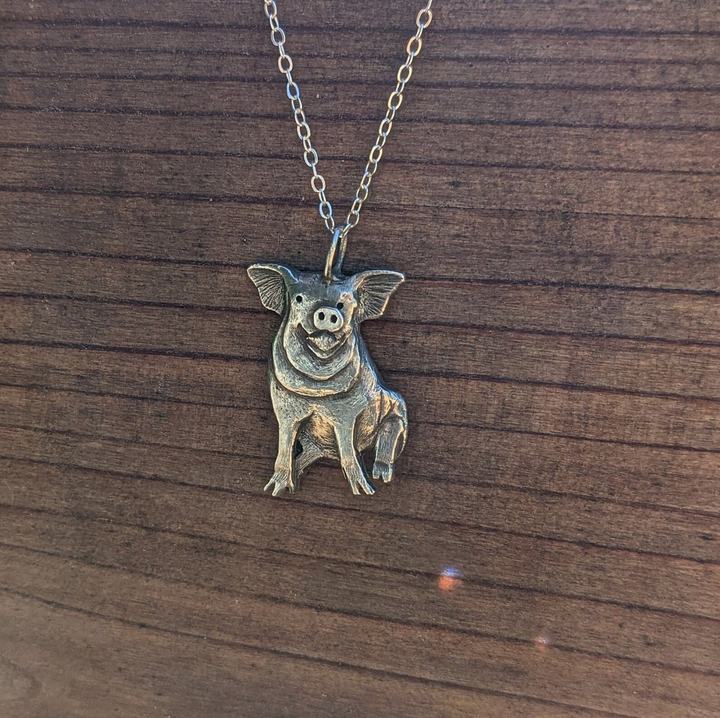 Hand Carved Sterling Silver Sitting Pig Necklace 