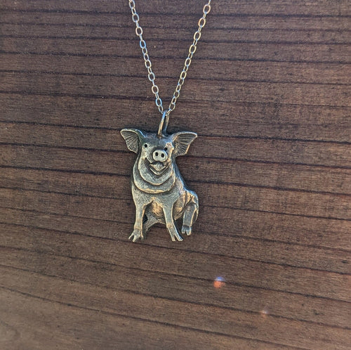 Hand Carved Sterling Silver Sitting Pig Necklace 