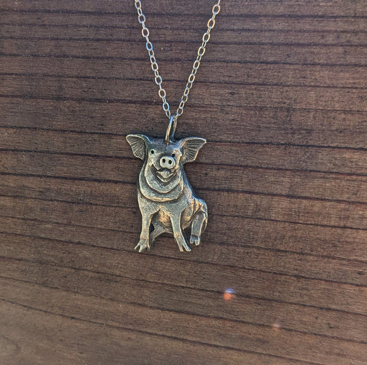 Hand Carved Sterling Silver Sitting Pig Necklace 