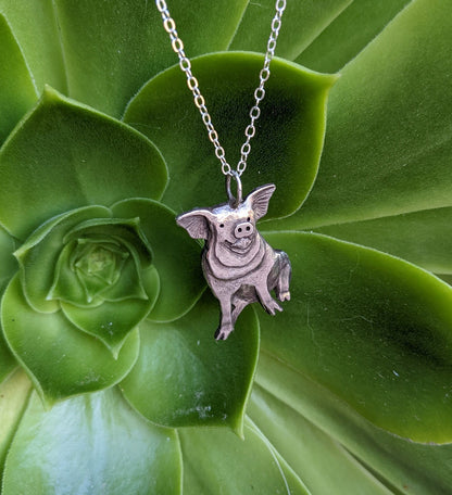 Hand Carved Sterling Silver Sitting Pig Necklace 