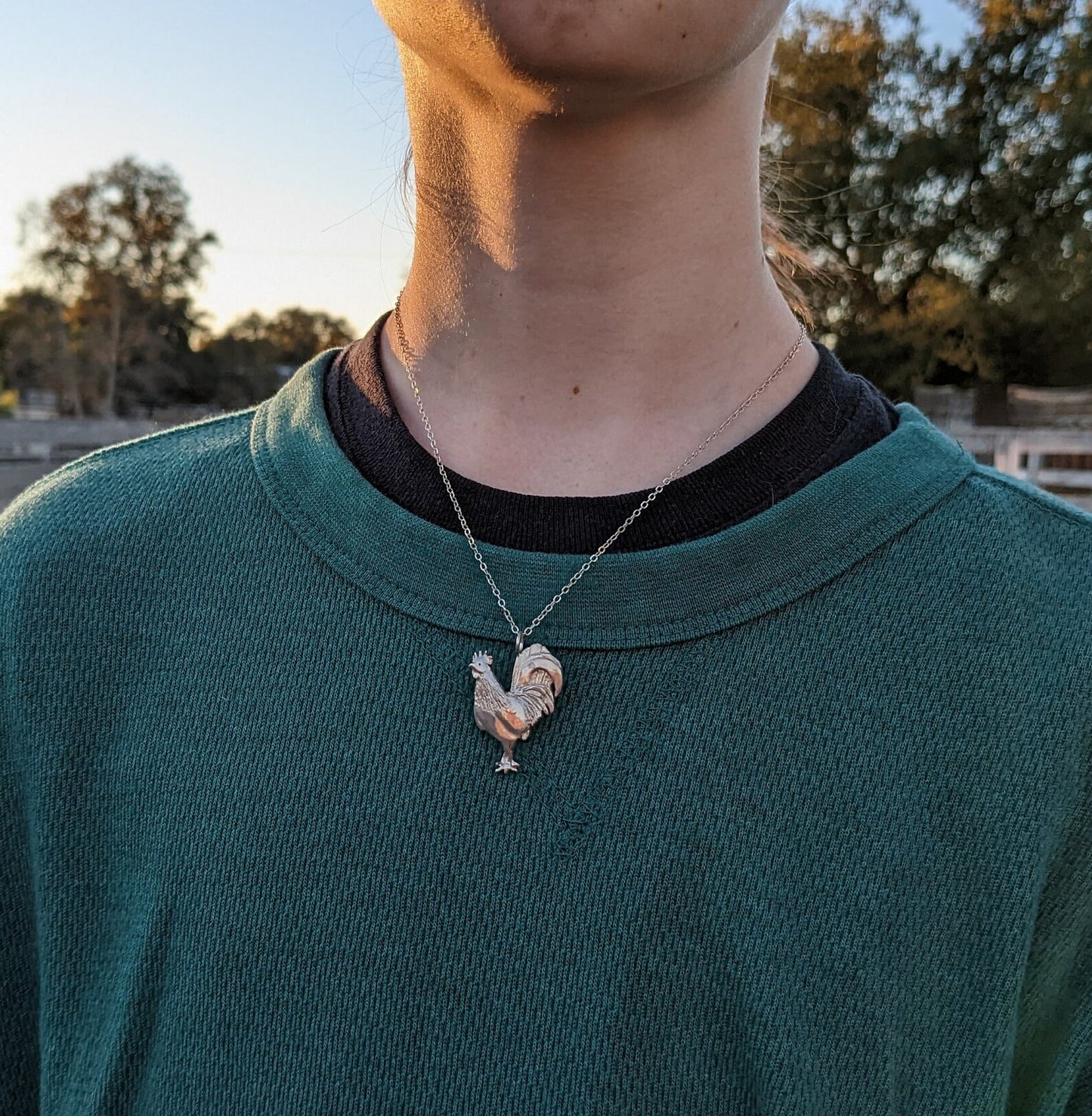 Hand Carved S925 Silver Standing Rooster Necklace