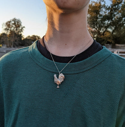 Hand Carved S925 Silver Standing Rooster Necklace