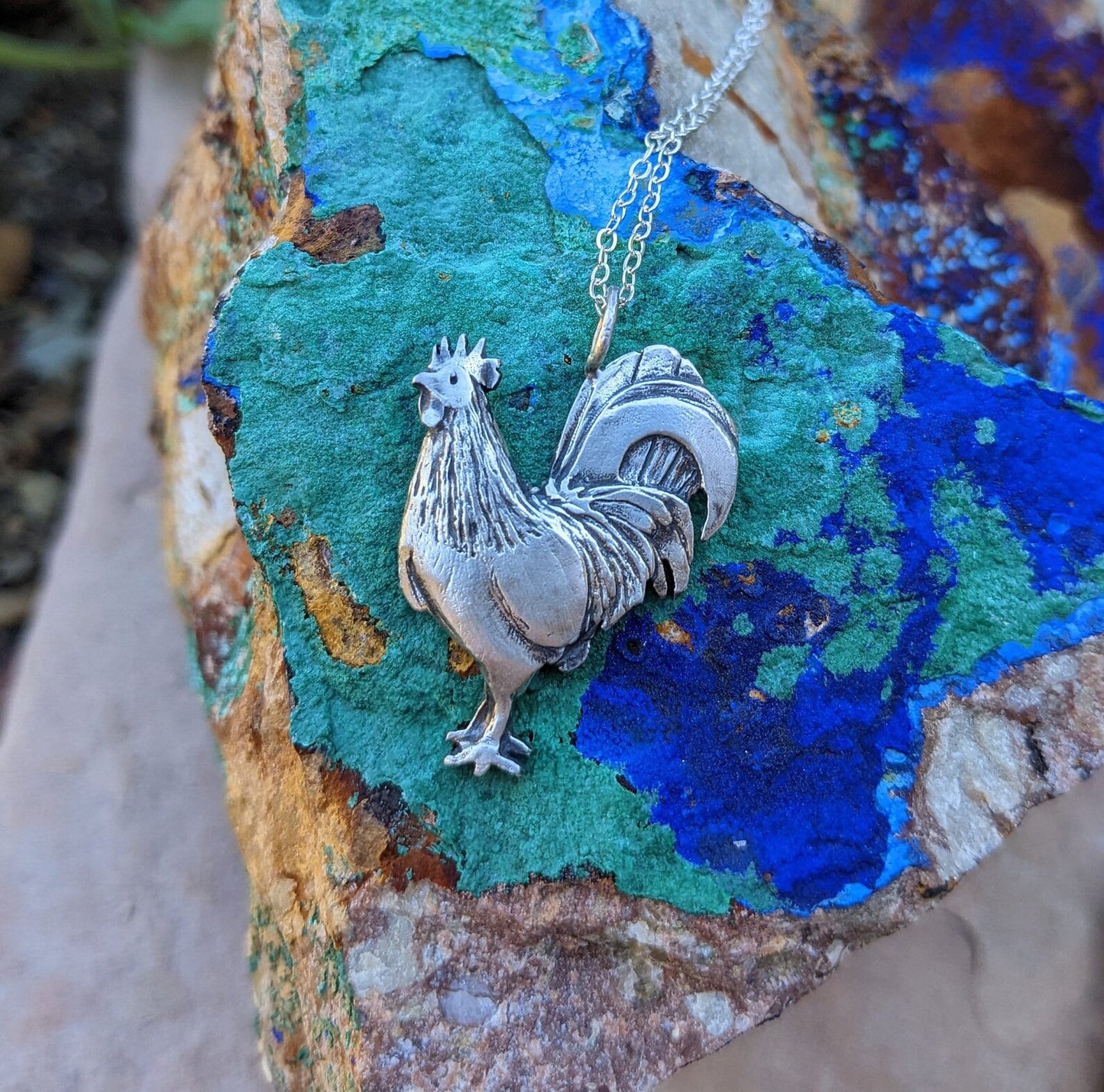 Hand Carved S925 Silver Standing Rooster Necklace